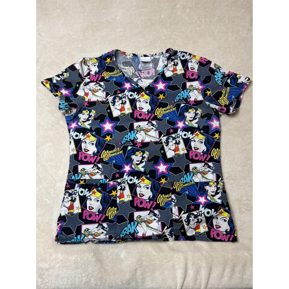 DC Comics Wonder Woman Scrub Top Womens Small Black Excellent V-Neck WM35A630